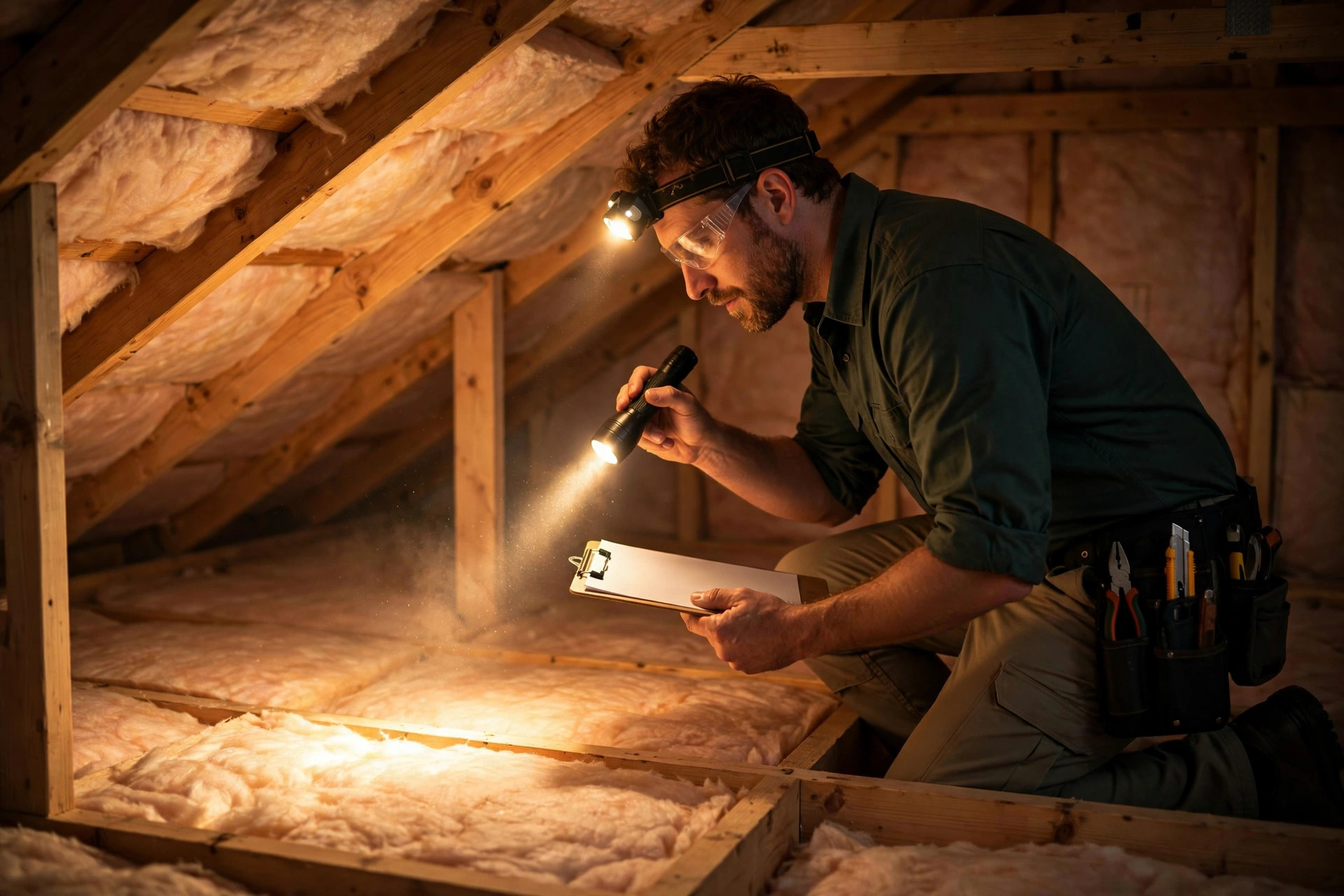 Technician inspecting a Wichita attic for rodent activity